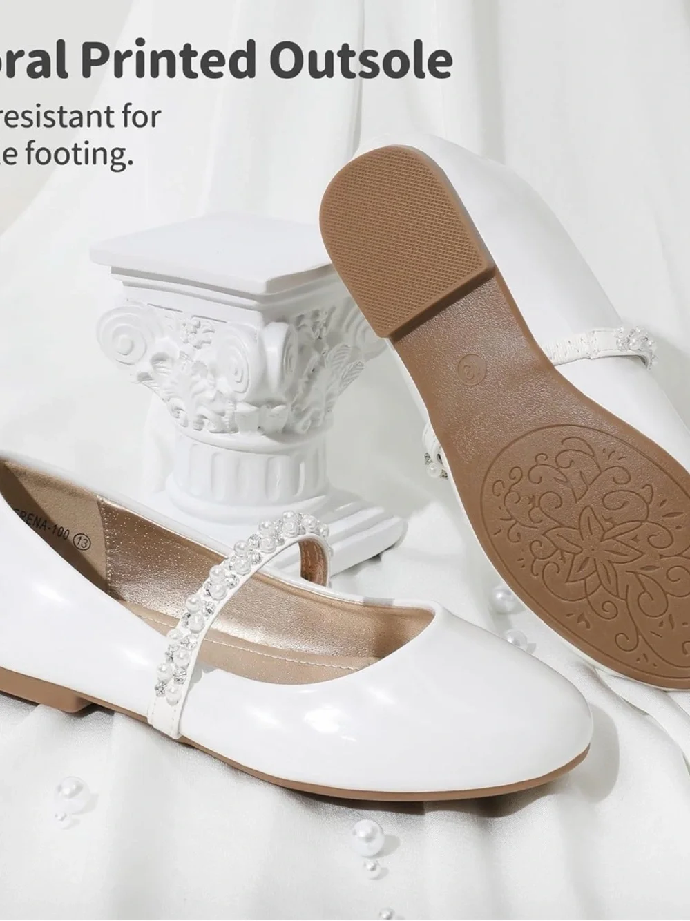 Girls White Mary Jane Flats with Crystal Strap